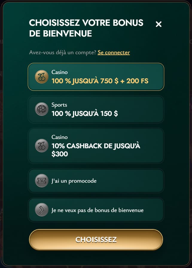 Capture d’écran du bonus 100 % jusqu’à 500 € + 200 free spins 